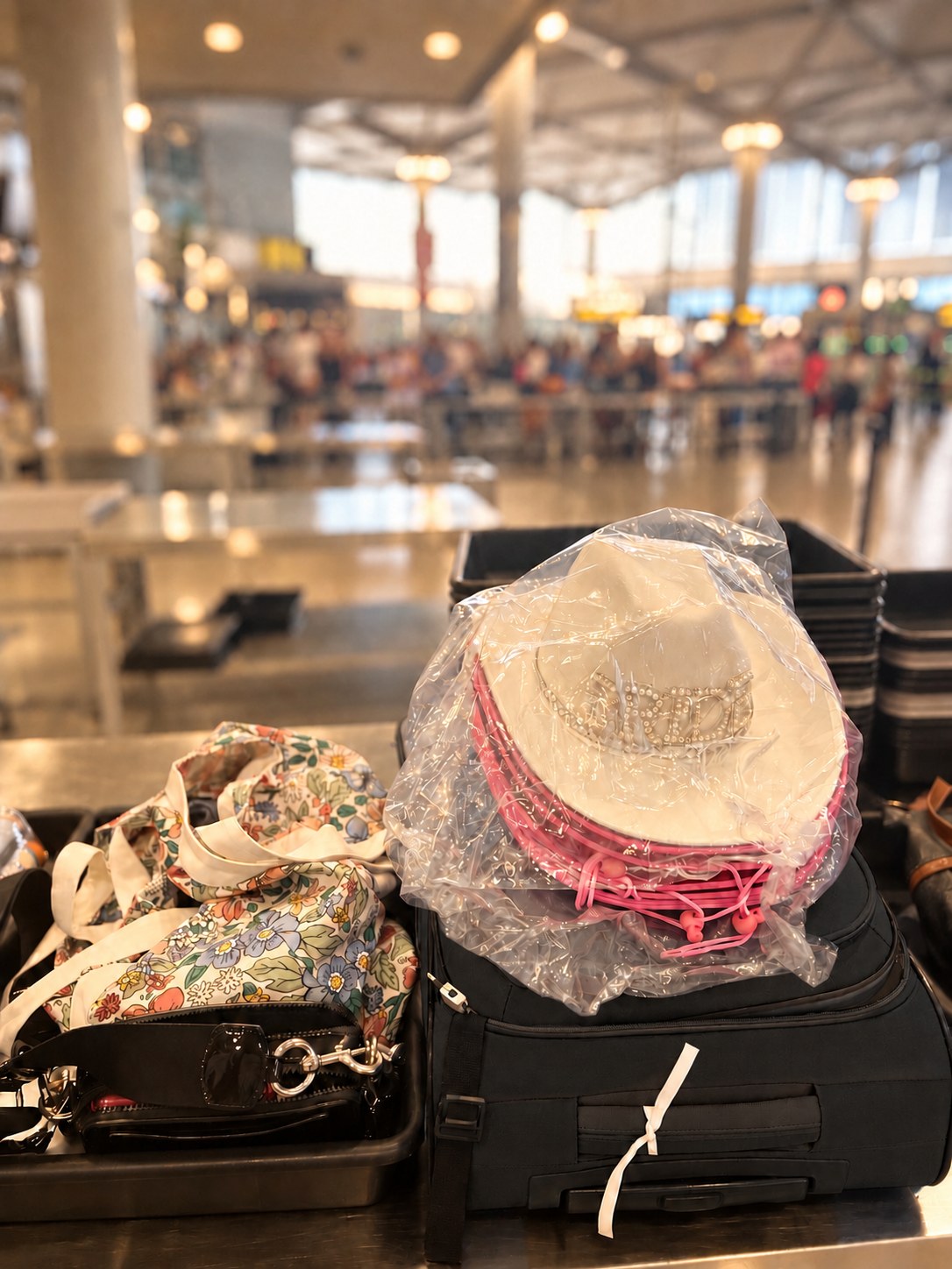 A black suitcase with bridal hats, ready for a celebration abroad
